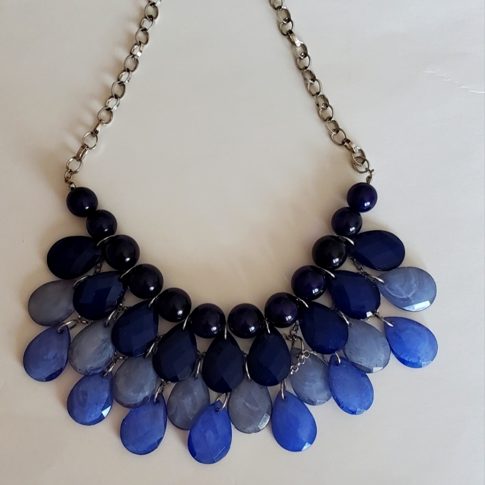 Blue Statement Necklace With Silver Toned Chain EUC